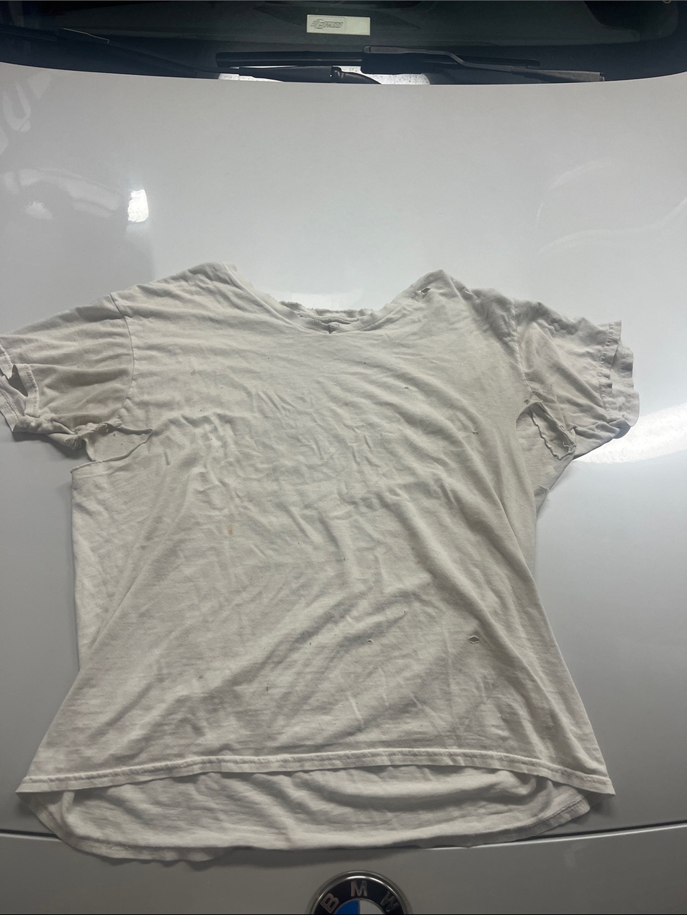 Naturally worn thrashed Hanes Men's White Short Sleeve V neck Tee shirt m